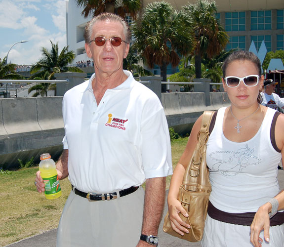 Miami Heat coach and president Pat Riley walking toward the team's NBA Championship Parade.