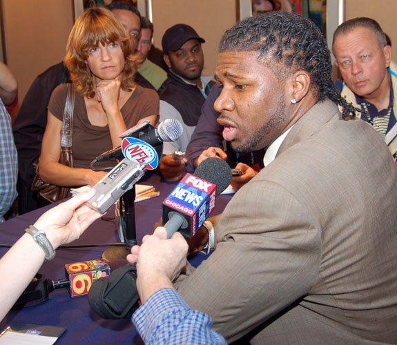 Chicago Bears kick returner Devin Hester addresses the media upon arrival at Miami International Airport for Super Bowl XLI.