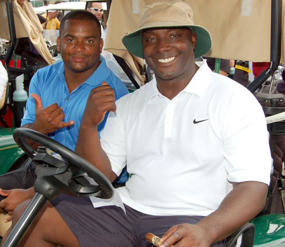 Alfonso Ribeiro and Sterling Sharpe about to head to their first tee box at DJ Irie's Celebrity Golf Event on Alton Road.