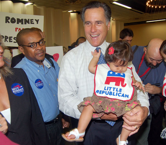 Businessman and former Massachusetts governor Mitt Romney makes a campaign appearance in a ballroom at the Miami International Airport Sheraton Hotel.