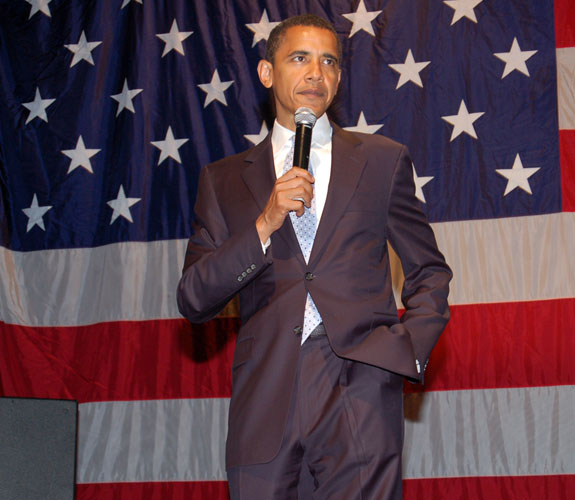 Illinois junior senator Barack Obama addresses guests at his campaign appearance at Mansion Nightclub on Miami Beach.
