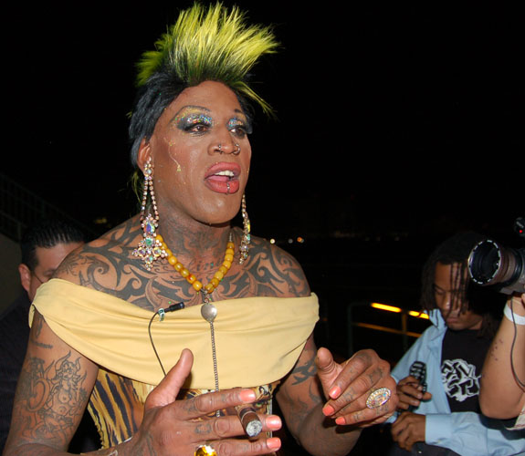 Former NBA forward Dennis Rodman dressed in drag, again, for his Halloween Party at Gulfstream Park in Hallandale Beach, Fla. 
title=