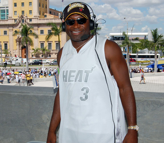 Ex-Miami Dolphins wide receiver O.J. McDuffie hosting his 790 The Ticket midday talk show during the Miami Heat NBA Championship Parade.