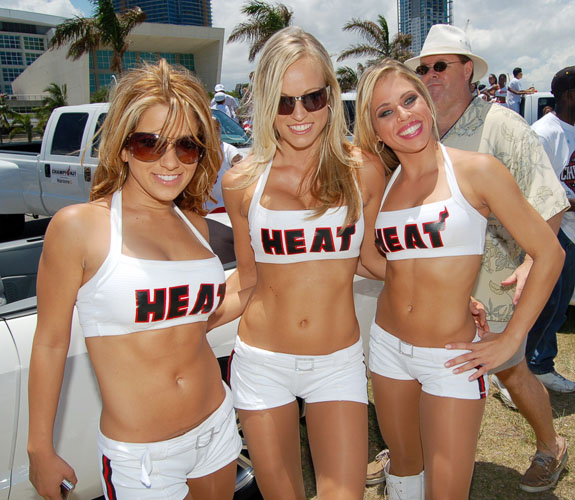 Miami Heat Dancers assemble behind the Arena moments before the start of the team's NBA Championship Parade down Biscayne Boulevard.