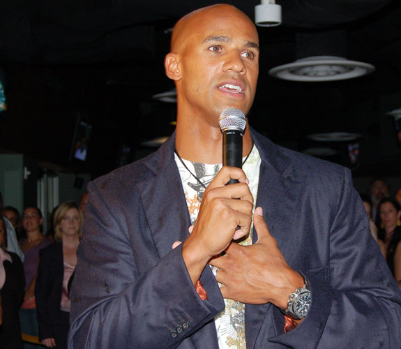 Miami Dolphins defensive end Jason Taylor addresses guests at the grand opening celebration of Rivals at the Westin Diplomat in Hollywood Beach, Fla.