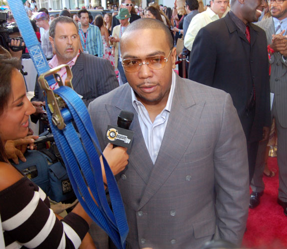 Music producer Timothy Mosley, a.k.a. Timbaland, speaks with members of the media before the East Coast premiere of Miami Vice on Lincoln Road on Miami Beach.