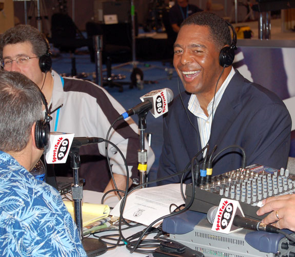 Marcus Allen, who starred for the Los Angeles Raiders in Super Bowl XVIII, on Radio Row at the Miami Beach Convention Center for Super Bowl XLI.